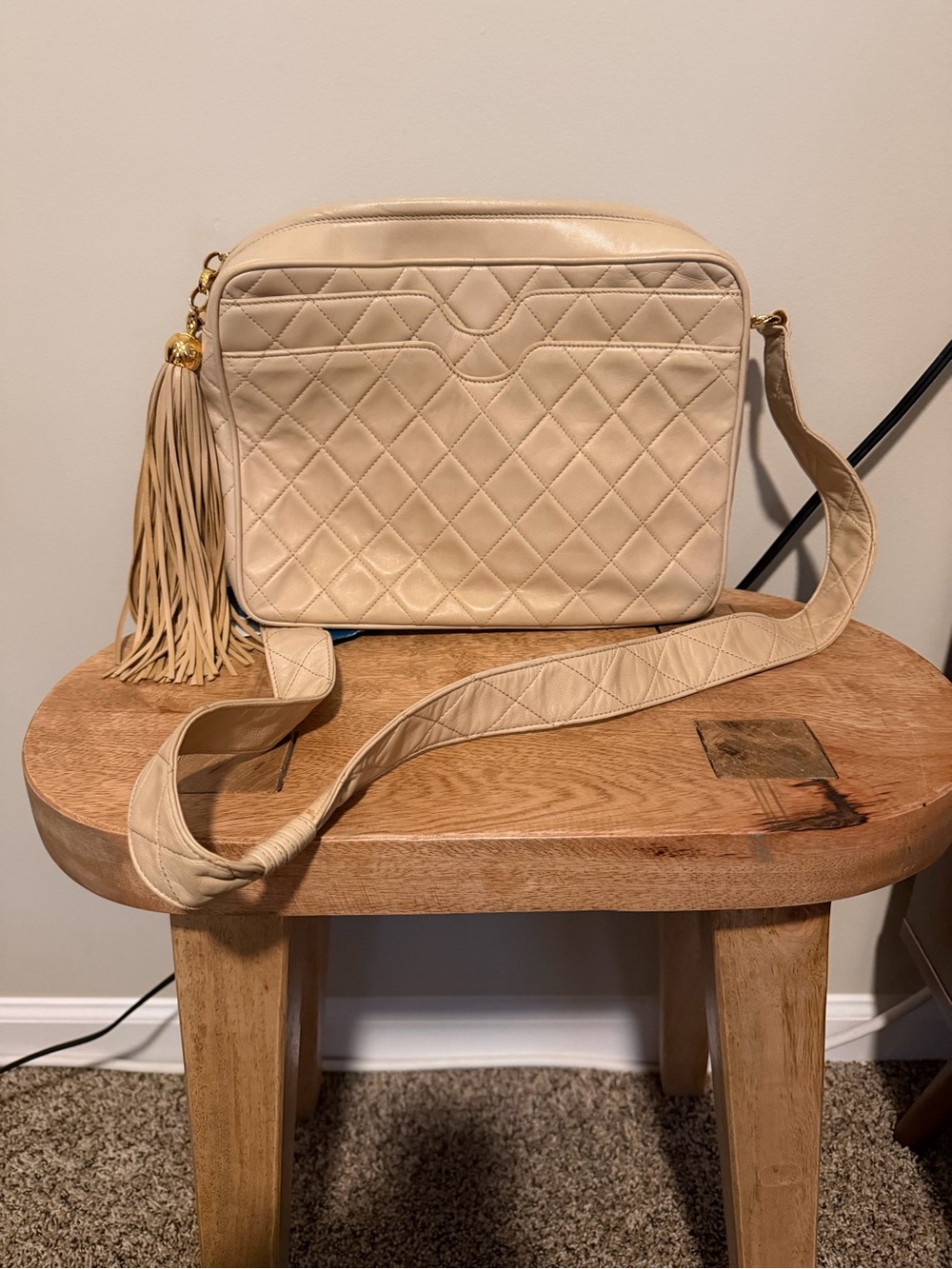 Chanel Vintage Quilted Crossbody Camera Bag with Tassel - Cream